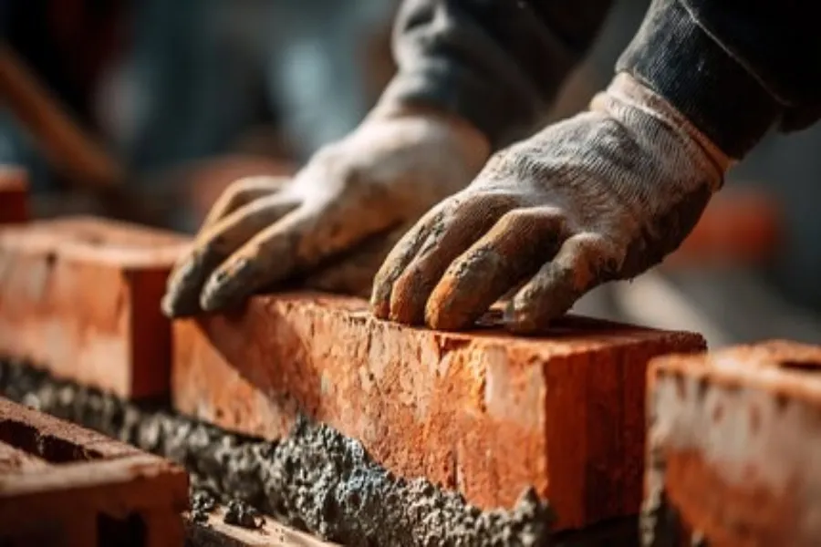 Bricks being pressed against some wet mortar with gloved hands.
