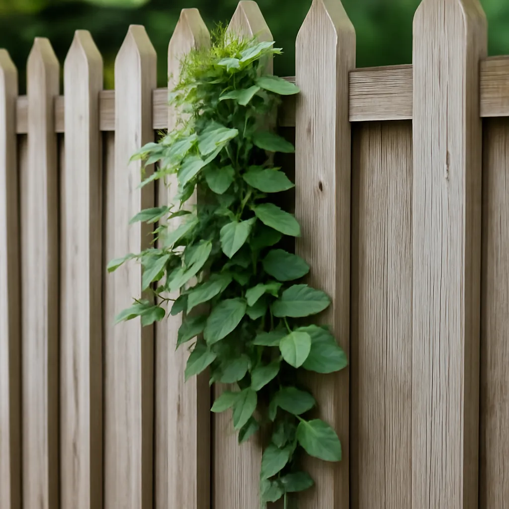 an image of a green, leafy plant hanging over the side of a grey fence