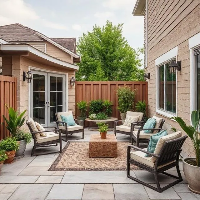 Garden chairs scattered around a middle table with a rug outside a house on a patio.