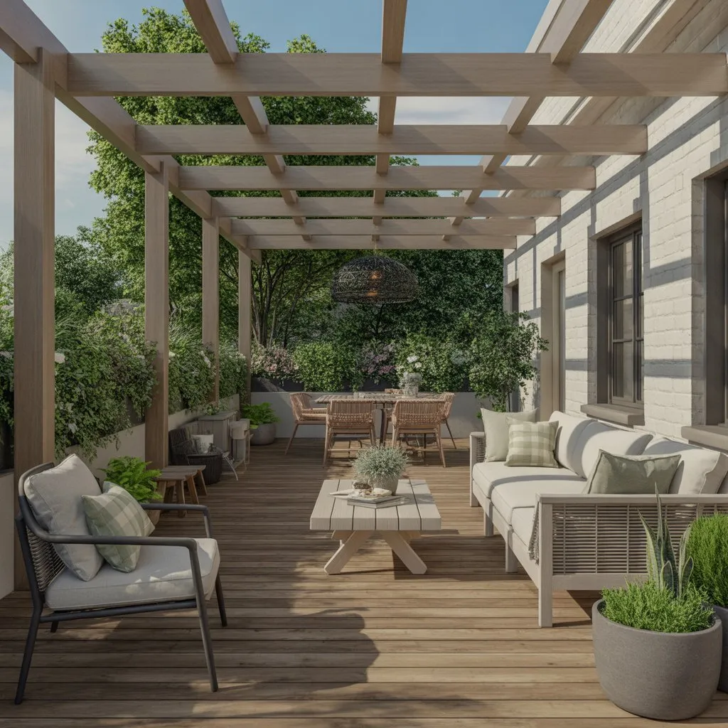 A pergola outside a house with nice comfy seats scattered amongst the decking.
