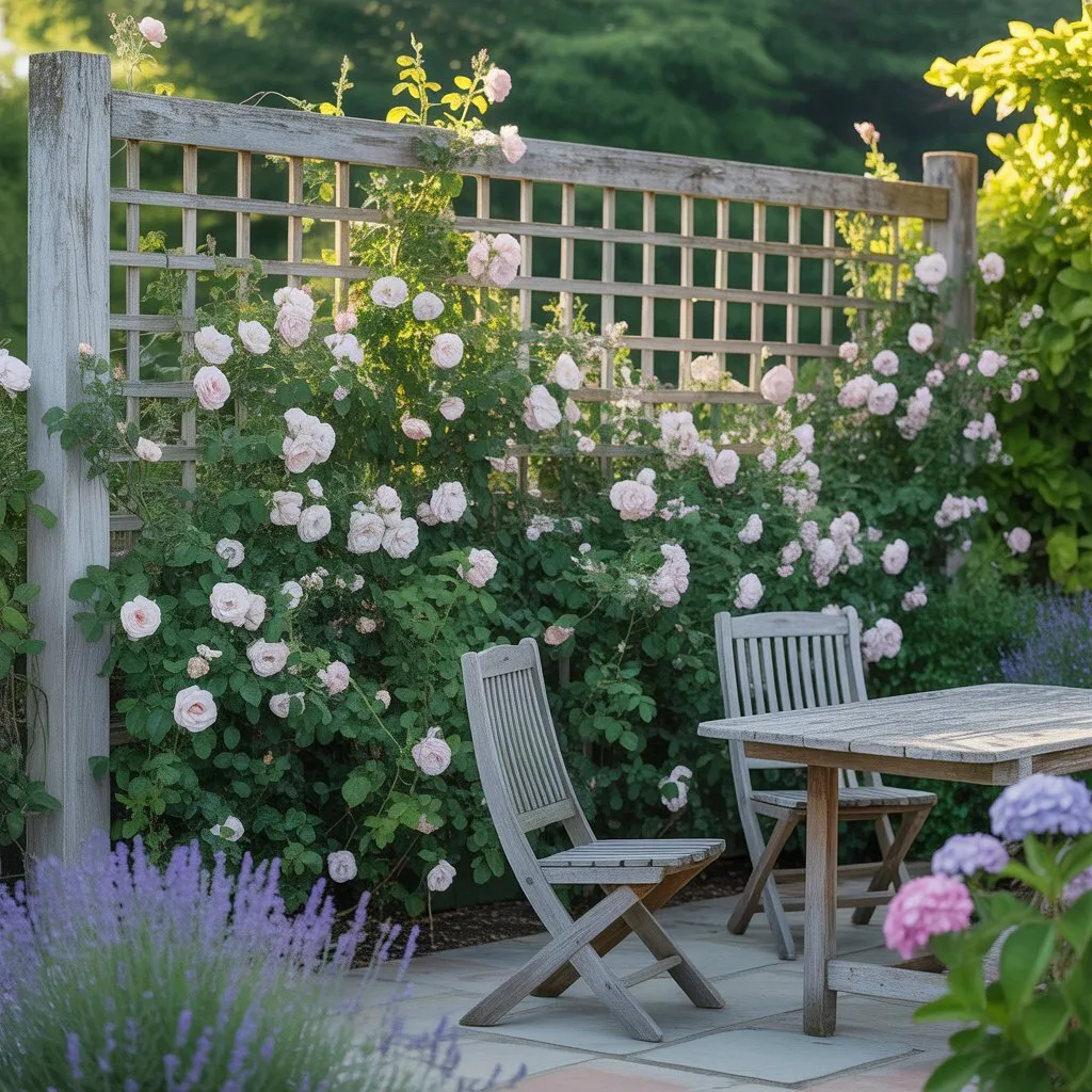 A garden furniture table and chairs next to a fence, with bright purple flowers surrounding.