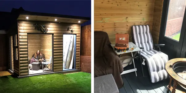 An inside and outside image of the finished summerhouse, with seating and lights.