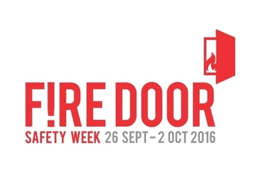 Fire door safety logo in red and white branding letters.