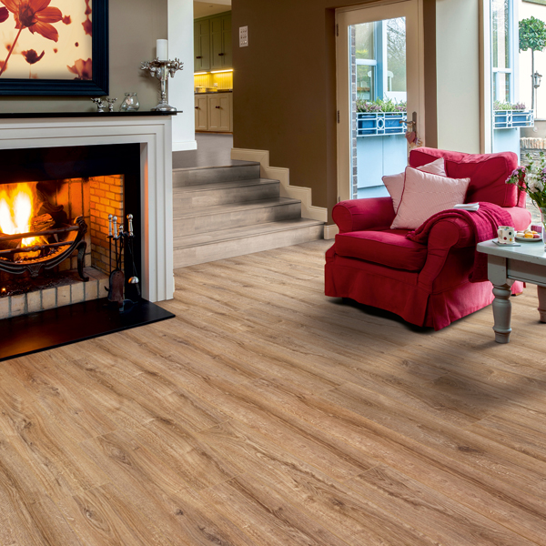 an image of a grey laminate floor in red brick room