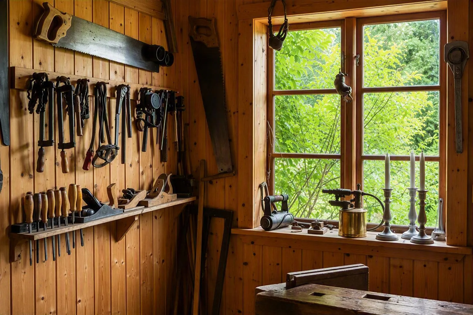 The inside of an organised shed where tools and storage have been organised neatly. 