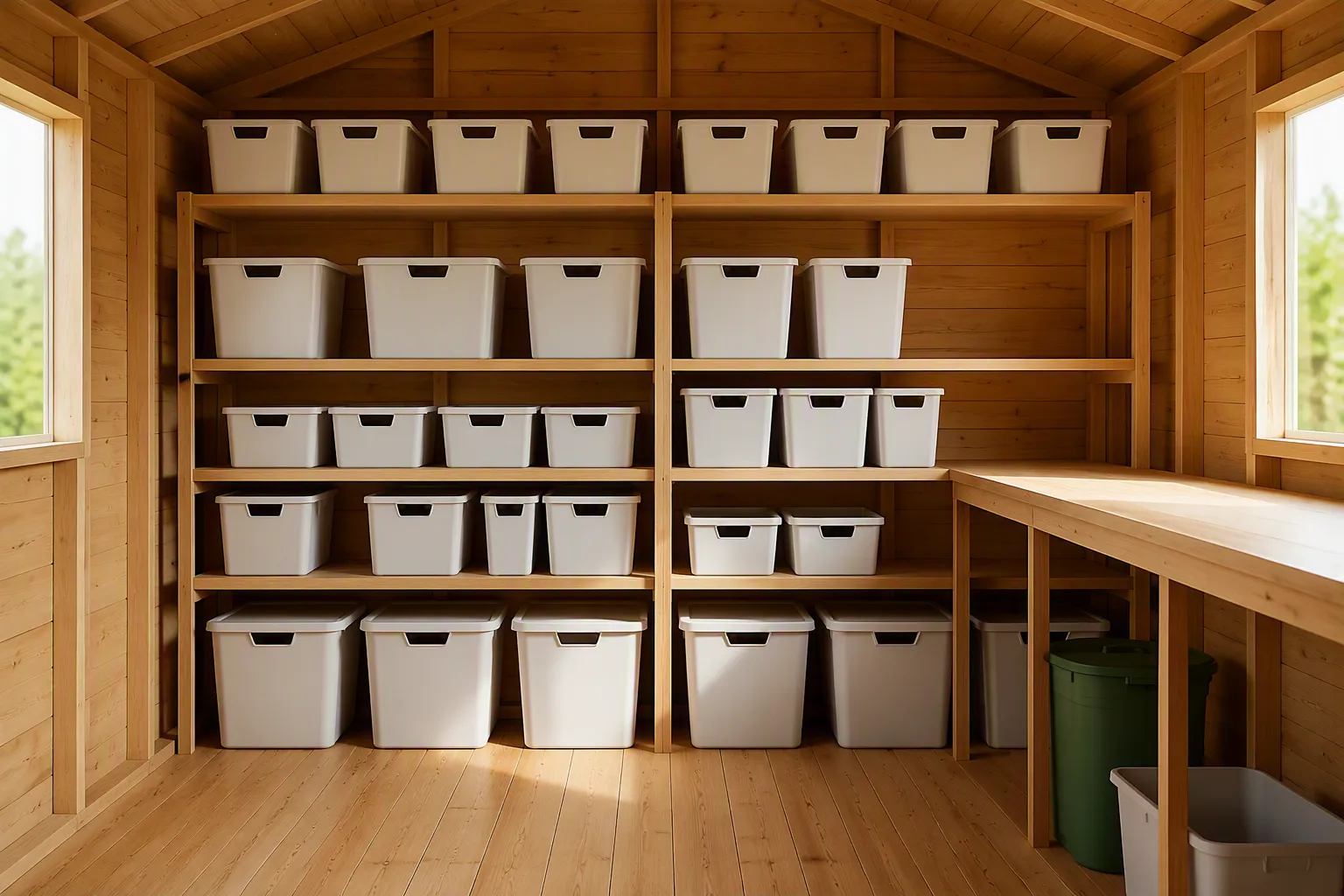 Storage compartments lined up within a wooden shed, making it easier to organise.