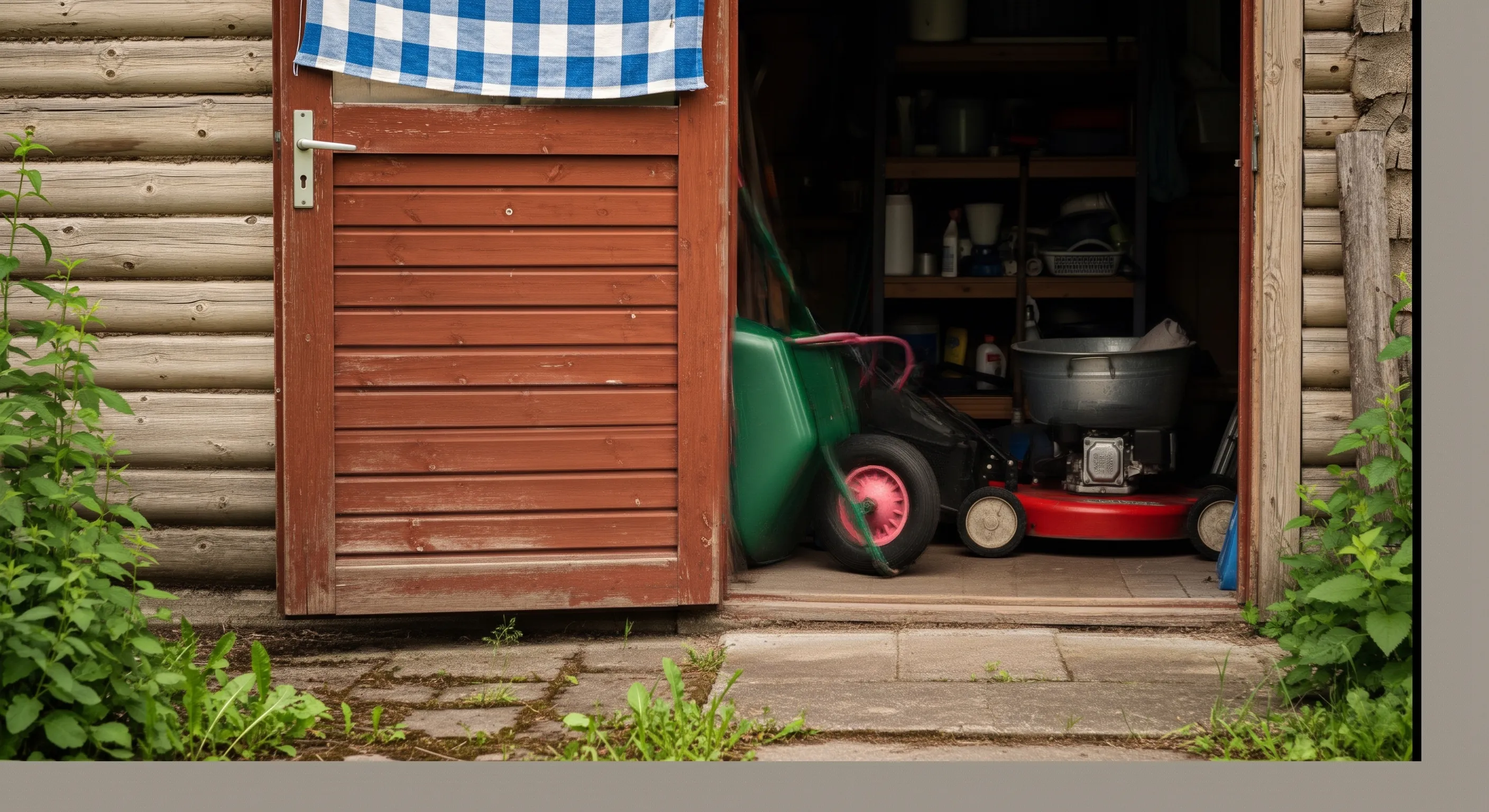 An open-door view of the inside of a shed, with a lawnmore in front view.