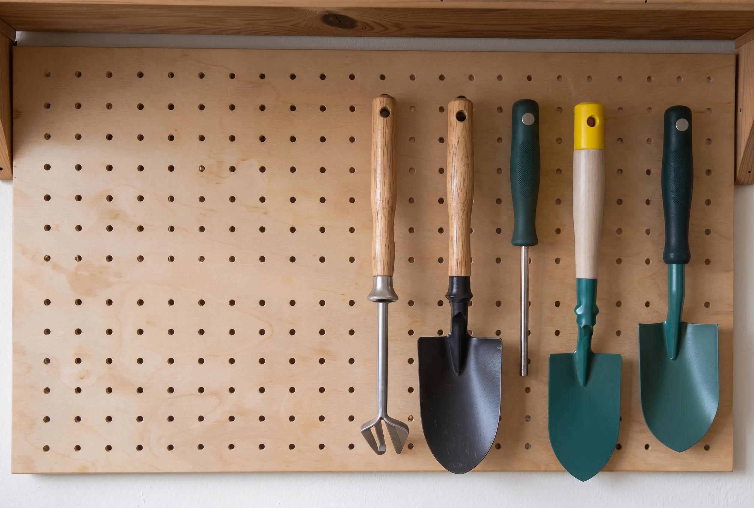 Garden tools lined up on a tool holder in a wooden shed.
