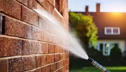 A power washer being used to clean bricks outside of a house.
