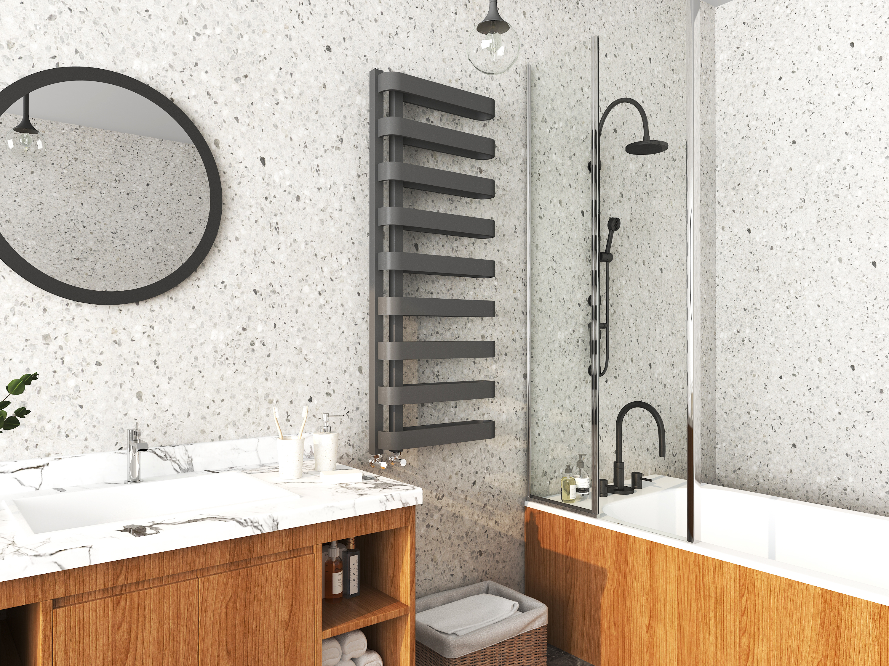 an image of a black ladder rail in bathroom. an image of a black ladder rail in bathroom.