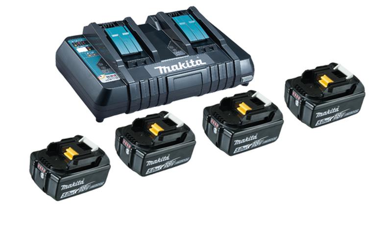 MAKITA Kit source d'alimentation Li 18,0V 5Ah incl. chargeur double et 4 batteries dans une boîte (199483-0)