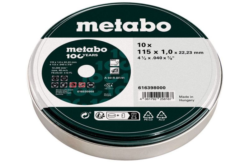 METABO Satz=10xTrennscheiben SP 115x1,0x22,23 Inox, 100 Jahre, TF 41 , in Blechdose (616398000) 