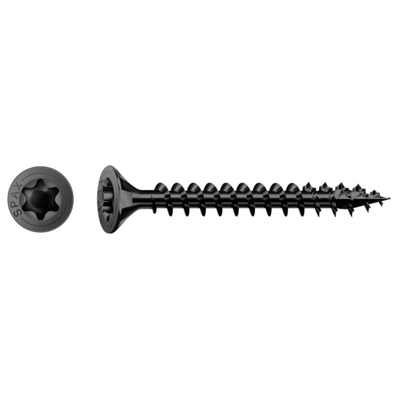 SPAX Universalschraube, 5 x 50, Vollgewinde, Senkkopf, T-STAR plus T20, 4-CUT, Schwarz verzinkt, 25 Stück - 4191040500502