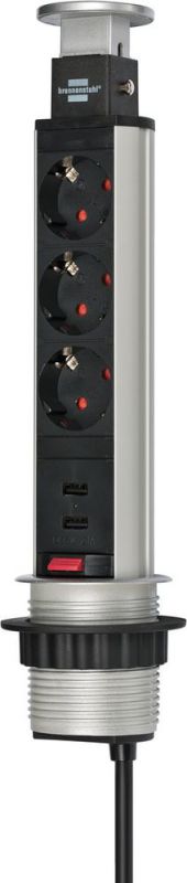 Brennenstuhl Tower Power USB-Charger Tischsteckdosenleiste 3-fach + 2 USB Ladebuchsen 2m, in Tischplatte versenkbar - 1396200013