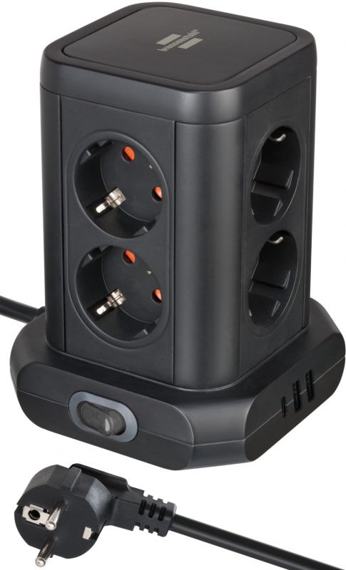 Brennenstuhl Steckdosenturm 8-fach mit 2x USB A, 1x USB C Power Delivery schwarz 2m H05VV-F3G1,5 - 1153560010