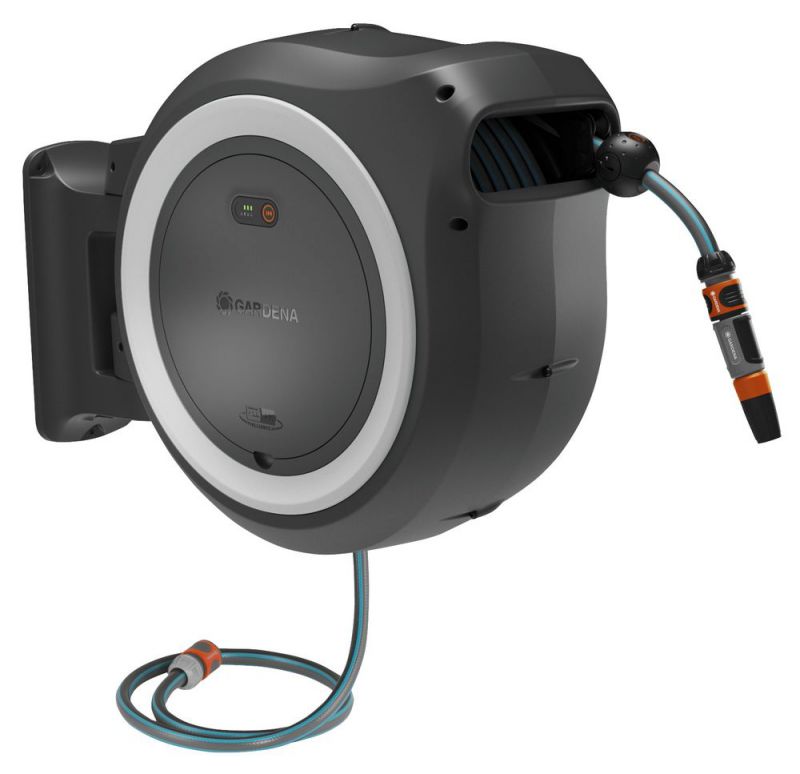 GARDENA Dévidoir automatique mural sur batterie PowerRoll XL 35/18V P4A, tuyau de 35 m, blanc - sans chargeur ni batterie.