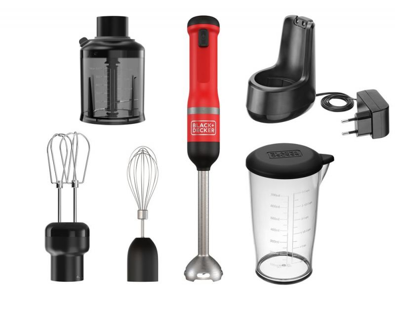 Black + Decker 4er-Set kitchen wand™ 7,2V Akku-Stabmixer inkl. 3-tlg. Zubehör, rot - BCKM1014KR-QW