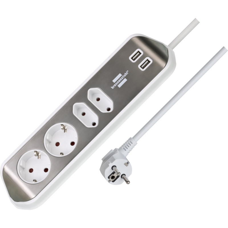 Brennenstuhl estilo Ecksteckdosenleiste mit USB-Ladefunktion 4-fach 2x Schutzkontakt & 2x Euro silber/weiß - 1153590420