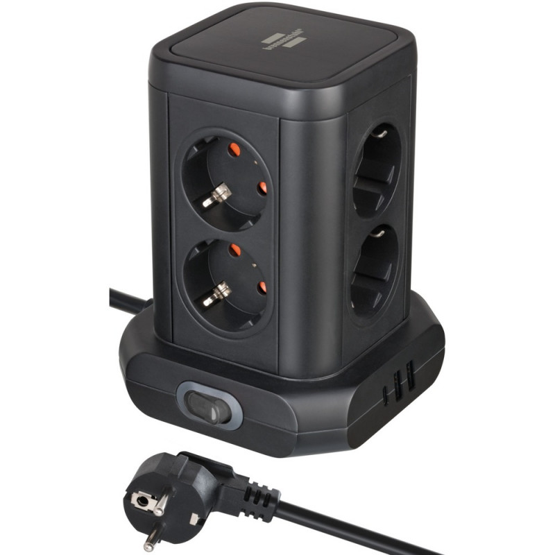 Brennenstuhl Steckdosenturm 8-fach mit 2x USB A, 1x USB C Power Delivery schwarz 2m H05VV-F3G1,5 - 1153560010