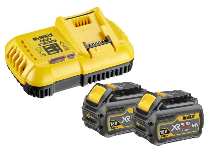 DeWalt 54 Volt / 108 Wh XR FLEXVOLT Akku-Starter-Set, inklusive 2x Akku und 1x Schnellladegerät DCB118-QW - DCB118T2-QW
