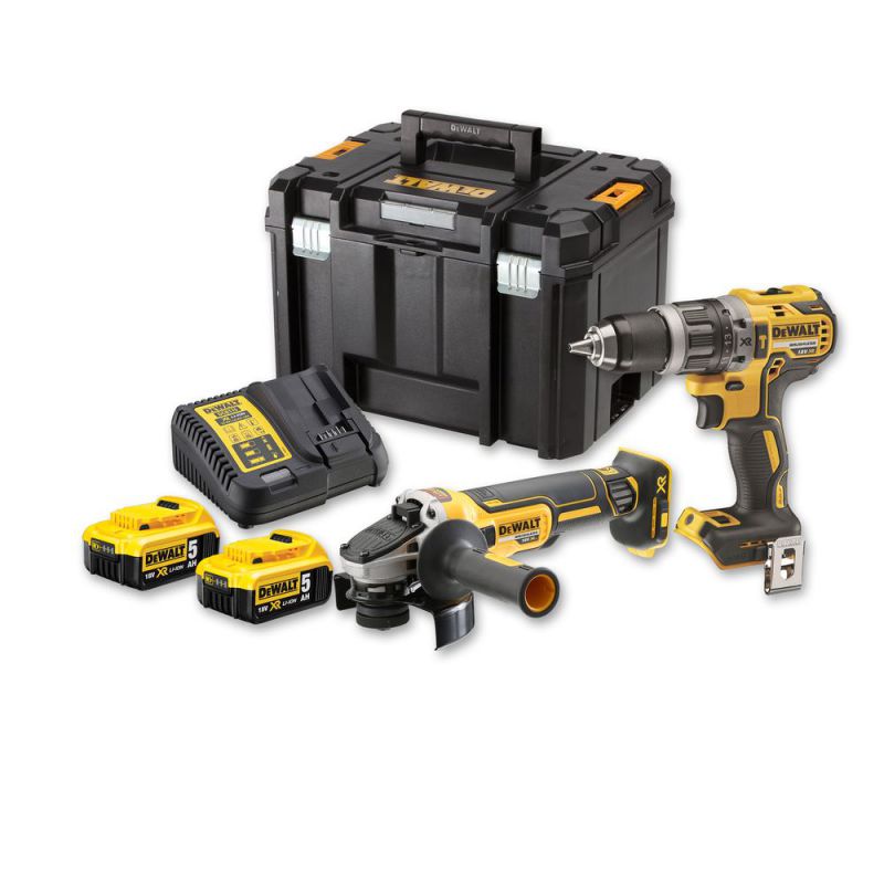 DeWalt 18,0 Volt / 5,0 Ah Akku-Kombopack mit DCD 796 (Schlagbohrschrauber), DCG 405 (Winkelschleifer) - DCK2080P2T-QW