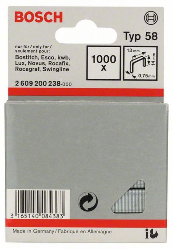 Bosch Feindrahtklammer Typ 58, 13 x 0,75 x 14 mm, 1000er-Pack 2609200238