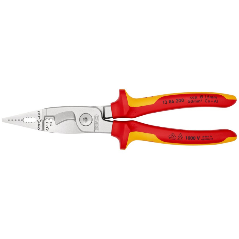 KNIPEX (13 86 200 SB) Elektro-Installationszange isoliert mit Mehrkomponenten-Hüllen, VDE-geprüft verchromt