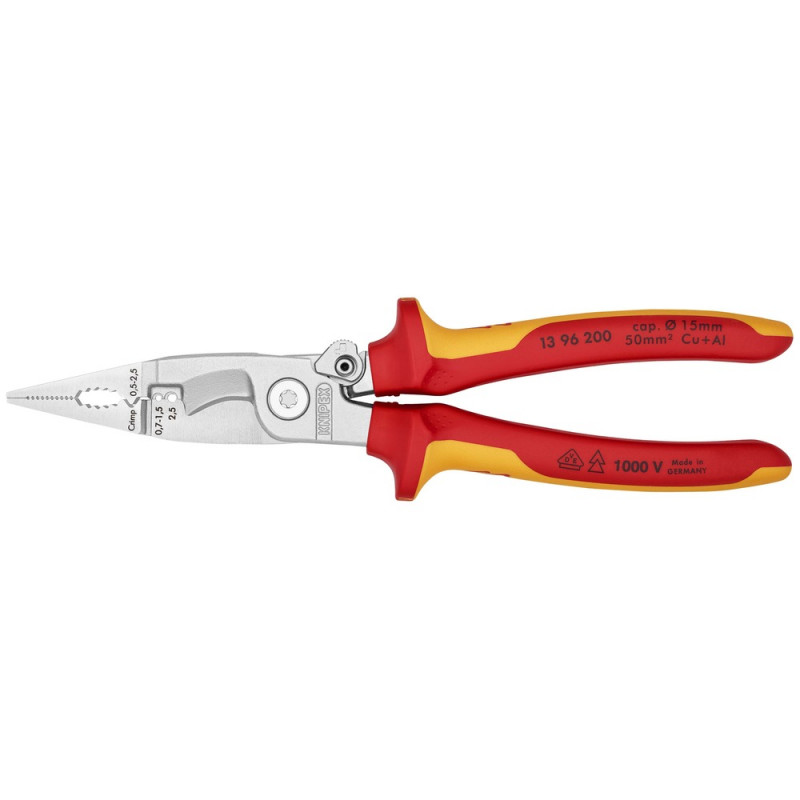 KNIPEX (13 96 200 SB) Elektro-Installationszange isoliert mit Mehrkomponenten-Hüllen, VDE-geprüft verchromt