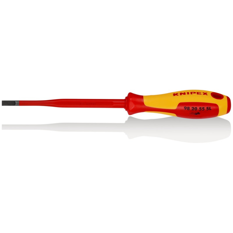 KNIPEX (98 20 55 SL) Schraubendreher (Slim) für Schlitzschrauben isolierender Mehrkomponenten-Griff, VDE-geprüft brüniert