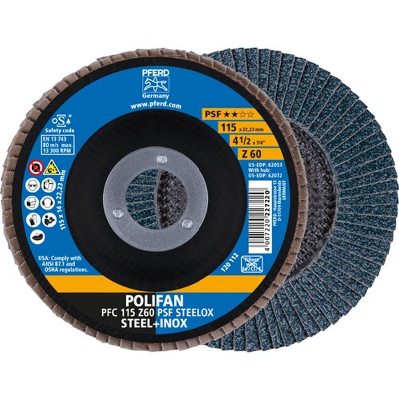 PFERD Fächerscheibe (Ø 115 mm Körnung 60 konisch / Stahl / INOX Zirkonkorund / Inhalt: 10 Stück) - 67766115