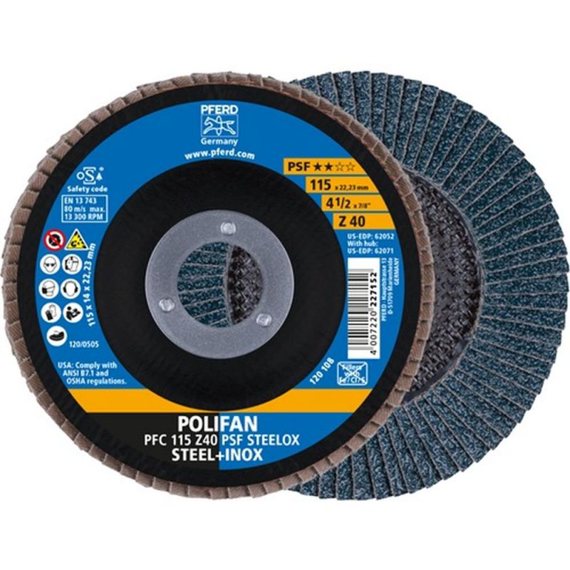 PFERD Fächerscheibe (Ø 115 mm Körnung 40 konisch / Stahl / INOX Zirkonkorund / Inhalt: 10 Stück) - 67764115