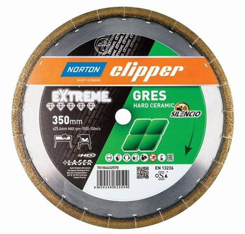 Norton Clipper Diamanttrennscheibe (Ø 350 mm Bohrung 25,4 mm / für Tischsägen/Fliesenschneidmaschinen) - 70184632570