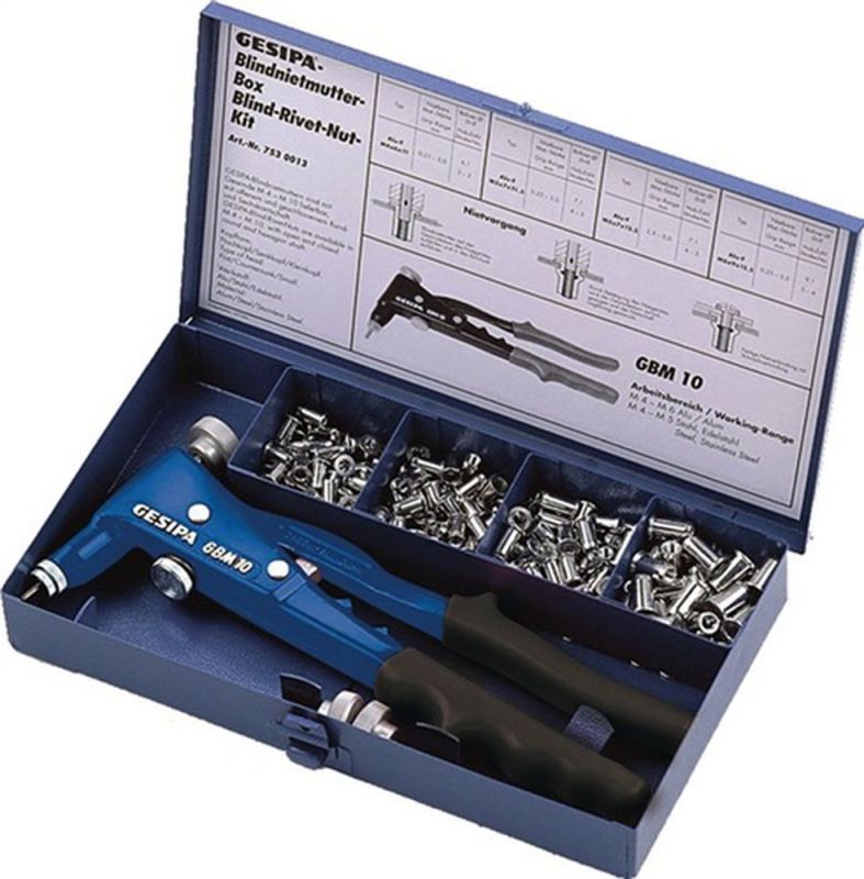 GESIPA Blindnietmutternsortimentbox (156 teilig / Zange GBM10 u.Blindnietmutter M4 - M6) - 1435455