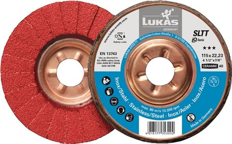 LUKAS Fächerscheibe (Ø 125 mm Körnung 40 flach / INOX/Stahl Keramikkorn CO / Inhalt: 10 Stück) - A27201250400050A