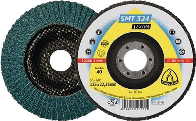 KLINGSPOR Fächerscheibe (Ø 125 mm Körnung 40 12° konisch / INOX Zirkonkorund / Inhalt: 10 Stück) - 321510