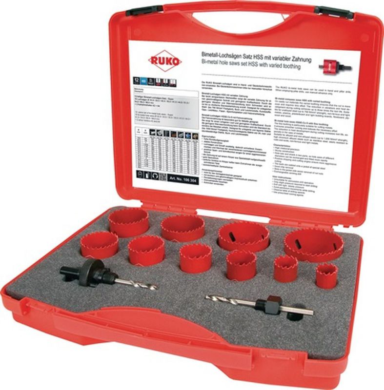 Ruko Lochsägensatz (12-teilig 22 - 68 mm / Schnitttiefe 38 mm HSS-Bi-Metall) - 106304