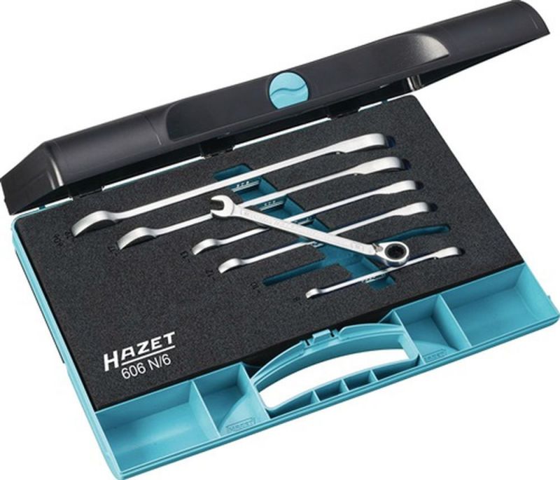 NW-HAZET Knarrenringmaulschlüsselsatz (6-teilig Schlüsselweiten 8-19 mm / abgewinkelt) - 606N/6