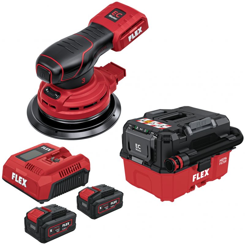 FLEX Akku-Exzenterschleifer + Akku-Sauger 9 l, Klasse L 18 V VC 9 L MC 18 RC + P-Set 55 + ORE 3-150 18-EC C - 536639