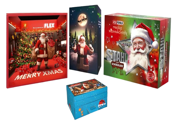 Mehrere Adventskalender Werkzeug 2025 nebeneinander