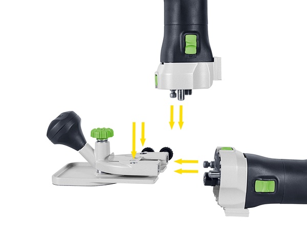 Grafische Darstellung des werkzeuglosen Wechselsystems der Akku-Kantenfräse Festool MFKC 700, welches zeigt, wie Fräse und modularer Frästisch einfach zusammengesteckt und sicher miteinander verbunden werden können. Gelbe Pfeile verdeutlichen die Montagerichtung.