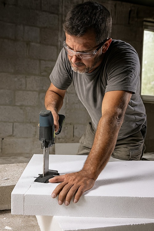 Handwerker schneidet präzise eine Styroporplatte mit einer Festool Akku-Dämmstoffsäge ISC 240 in einem Rohbau – staubarm, mobil und effizient