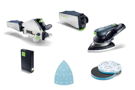 Festool Neuheiten Frühjahr 2026: Akku-Tauchsäge TSC 55 KS, Akku-Deltaschleifer DTSC 200, Staubfangbeutel, LED-Lichtmodul LM-TS/TSC sowie Schleifmittel und Schleifzubehör übersichtlich dargestellt.