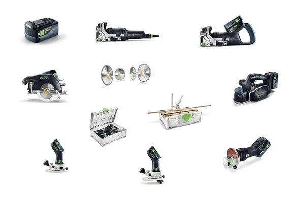 Übersicht der Festool Maschinen-Neuheiten Herbst 2025: Akku-Handkreissägen, Hobel, Fräsen, Akku, Sägeblätter, Zubehör und ein mobiler Trennschleifer in typischer Festool-Optik vor weißem Hintergrund.