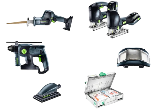 Festool Neuheiten Frühjahr 2026: Akku-Tauchsäge TSC 55 KS, Akku-Deltaschleifer DTSC 200, Staubfangbeutel, LED-Lichtmodul LM-TS/TSC sowie Schleifmittel und Schleifzubehör übersichtlich dargestellt.