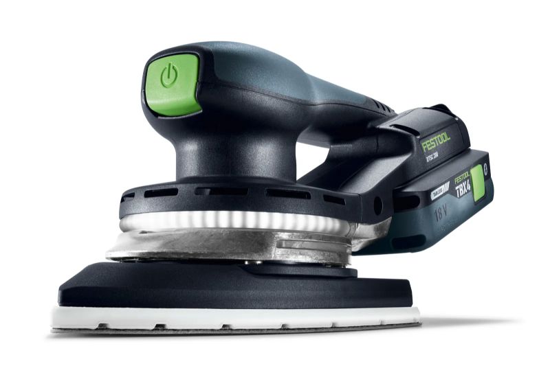 Festool Akku-Deltaschleifer DTSC 200-Basic (577713) mit Delta-200-Schleifplatte und integriertem LED-Lichtring, freigestellte Produktansicht auf weißem Hintergrund.