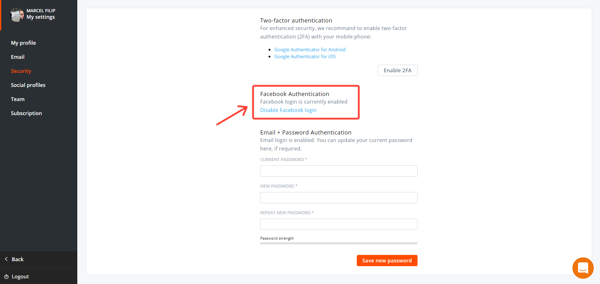 agorapulse how to disable facebook login in settings