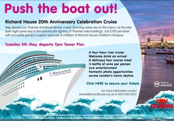 Join HEA and Richard House at the Charity's 20th Anniversary Boat Cruise on Tuesday 5th May 2020.