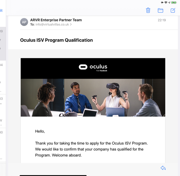 Virtual Villas Acceptance into Oculus ISV Program