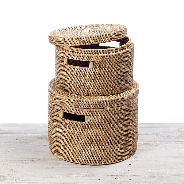Rattan Round Family Storage Box with Lid (S) Dia 30 x H 20 (L) Dia 35