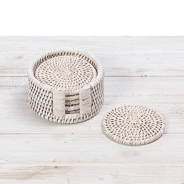 Set of 6 rattan round coasters with holder URU Home Ratten Baskets